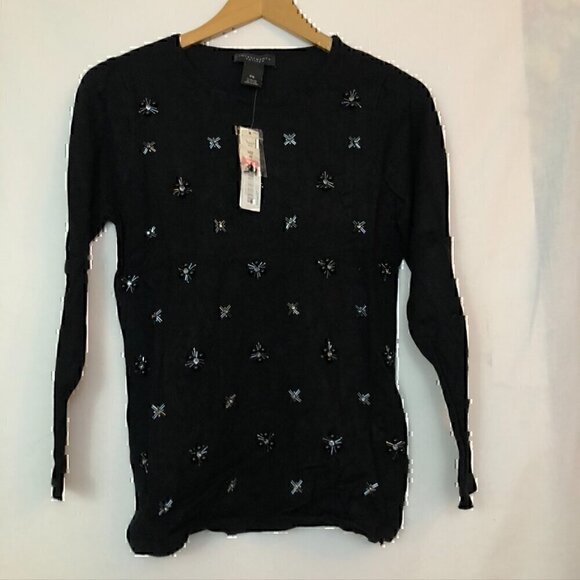 NEW INVESTMENTS PETITE Black Beaded Bead Holiday Rayon Crewneck Sweater PS SP - Picture 2 of 7